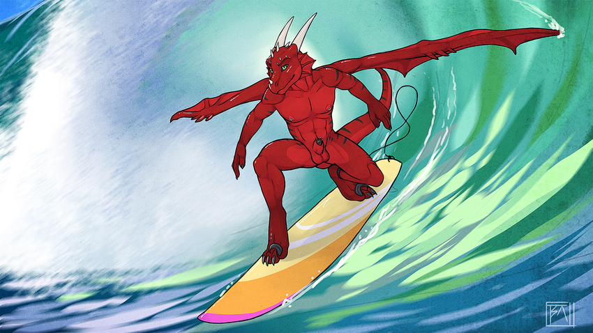 anthro balls biceps black_skin body_markings claws dragon genital_piercing green_eyes horn male markings muscles nipple_piercing nipples nude pecs penis penis_piercing penis_tip piercing pose presenting prince_albert red_dragon red_nipples red_skin reptile scales scalie sheath solo standing stripes surfboard surfing toe_claws toned tsaiwolf water wings