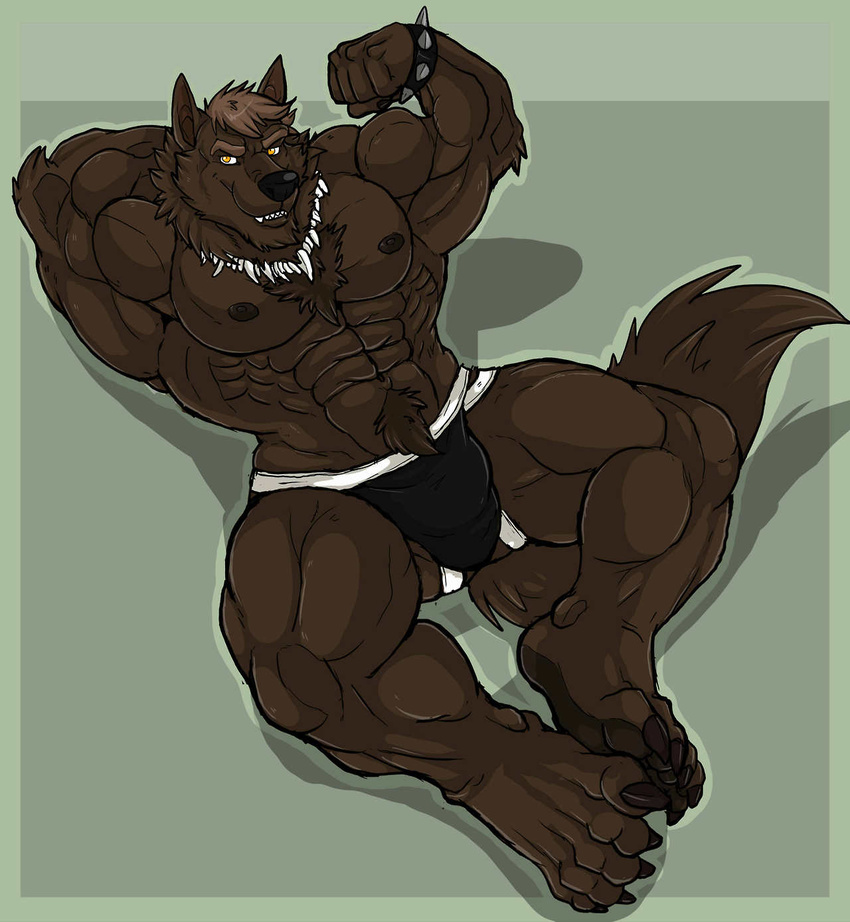 5_toes abs amber_eyes anthro arms_behind_head arody beefcake biceps big_muscles black_claws black_nose bracelet brown_fur brown_hair bulge canine chest_tuft claws fangs flexing fur green_background grin hair hairy handsome jewelry jockstrap looking_at_viewer lying male mammal muscles mutant_serpentina necklace nipples on_back orange_eyes pawpads paws pecs plain_background pose pubes reclining ripped smile solo spread_legs spreading teeth toe_claws toes toned topless tuft underwear vein were werewolf wolf worgewolf wristband yellow_eyes