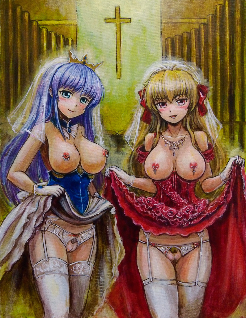 2girls blonde_hair blue_eyes blue_hair blush breastless_clothes breasts crotchless crotchless_panties crown feena_fam_earthlight female fortune_arterial highres long_hair looking_at_viewer multiple_girls nipple_piercing nipples open_mouth panties piercing pubic_hair pussy red_eyes smile standing thighhighs uncensored underwear