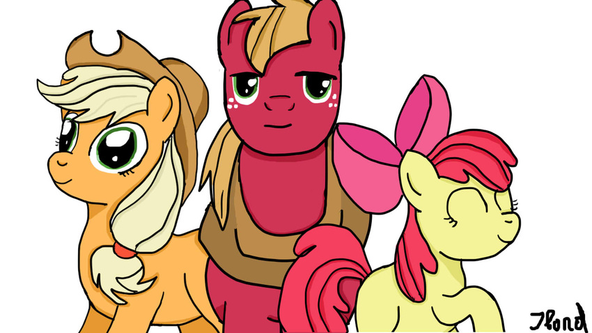 applejack_(mlp) big_macintosh_(mlp) blonde_hair bow cowboy_hat cub equine female feral freckles friendship_is_magic green_eyes hair hat horse jbond male mammal my_little_pony plain_background pony red_hair white_background yoke young