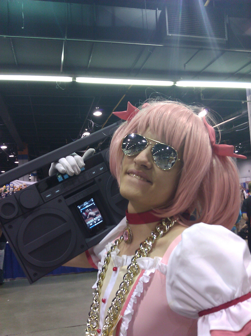 absurdres boombox cellphone chains cosplay crossdressing funny highres iphone kaname_madoka kaname_madoka_(cosplay) mahou_shoujo_madoka_magica phone photo pink_hair smartphone sunglasses what