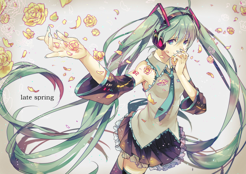 blue_eyes detached_sleeves green_hair hatsune_miku headphones highres long_hair nail_polish necktie petals skirt solo thighhighs twintails very_long_hair vocaloid yunomachi