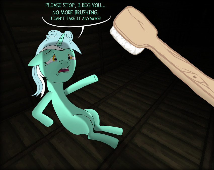 brush brushie_brushie_brushie duo english_text equine female feral friendship_is_magic fur green_fur hair hi_res horn horse humor lyra_(mlp) lyra_heartstrings_(mlp) mammal my_little_pony open_mouth pony qsteel shadow text the_truth two_tone_hair unicorn