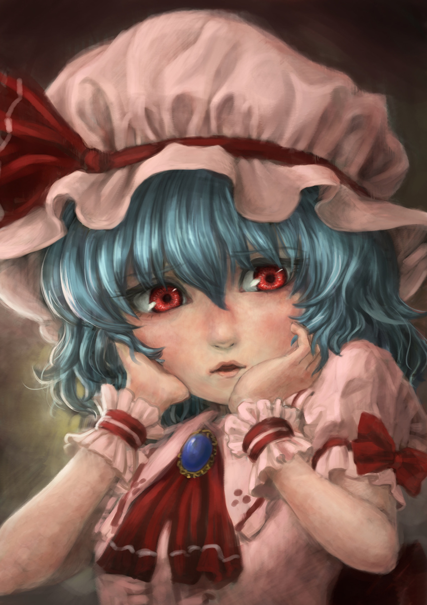 ascot blue_hair brooch dress hat hat_ribbon highres jewelry looking_at_viewer open_mouth pink_dress red_eyes remilia_scarlet ribbon solo touhou tsun_(tsutaya01) upper_body wrist_cuffs