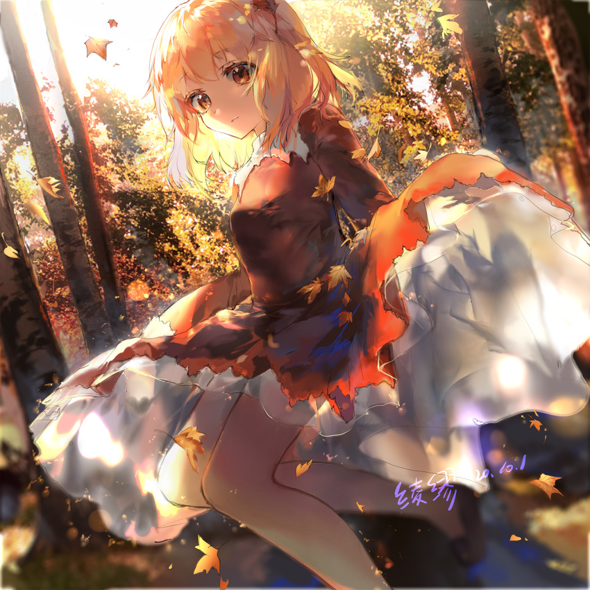 1girl aki_shizuha artist_name autumn autumn_leaves bangs blonde_hair blurry blurry_background bokeh brown_eyes dated depth_of_field dress dutch_angle eyebrows_visible_through_hair folded_leg foot_out_of_frame forest hair_ornament highres leaf leaf_hair_ornament lifted_by_self ling_mou looking_at_viewer maple_leaf nature one_side_up parted_lips petticoat photo_background red_dress short_hair sketch skirt skirt_lift solo standing standing_on_one_leg symbol_commentary touhou