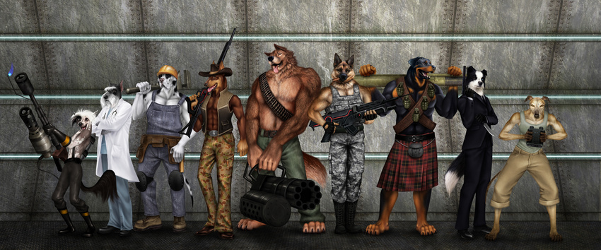 abs bandoiler belt binoculars border_collie camo canine chinese_crested clothing coat dalmatian demoman_(team_fortress_2) doberman dog engineer_(team_fortress_2) flamethrower german_shepherd great_dane grenade greyhound group gun heavy_(team_fortress_2) helmet jocarra kilt knife male mammal mastiff medic_(team_fortress_2) minigun muscles pants parody pecs pistol pyro_(team_fortress_2) ranged_weapon rifle rocket_launcher rottweiler schnauzer scout_(team_fortress_2) shirt sniper_(team_fortress_2) sniper_rifle solder_(team_fortress_2) soldier_(team_fortress_2) spy_(team_fortress_2) suit tank_top team_fortress_2 vest video_games weapon wrench