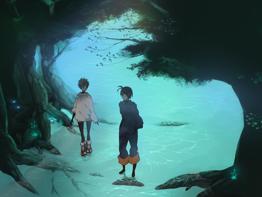 androgynous arm_behind_back black_bodysuit black_footwear black_hair bodysuit boots brown_eyes brown_hair caustics from_above glowing grass hana_(pixiv) hana_bell_forest highres izumi_kousuke jumpsuit long_sleeves looking_at_another mihashi_ren multiple_boys nature ookiku_furikabutte oversized_clothes oversized_shirt pants pants_rolled_up profile red_footwear sand shirt shorts sleeves_rolled_up standing standing_on_liquid sweater tree tree_shade water white_shirt