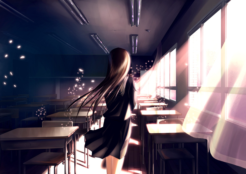 brown_hair chair classroom curtains desk from_behind long_hair original petals school_desk school_uniform skirt solo sunlight wind yonasawa