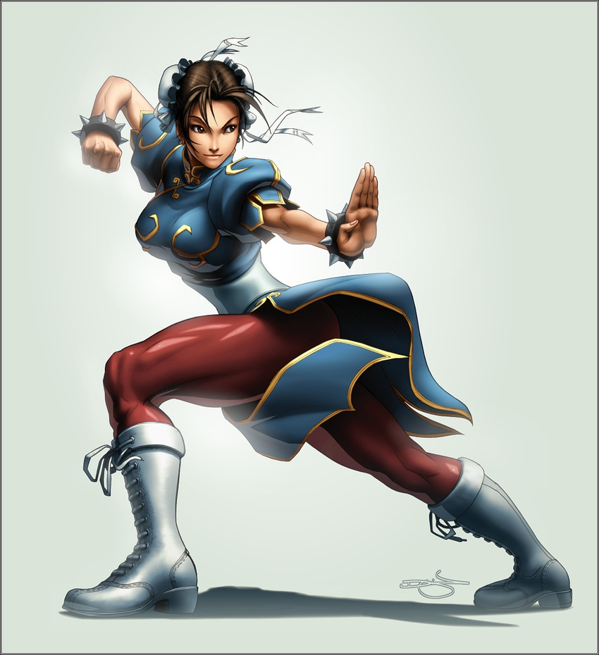 boots bracelet breasts brown_eyes brown_hair bun_cover china_dress chinese_clothes chun-li double_bun dress fighting_stance highres jewelry large_breasts muscle omar_dogan pantyhose pelvic_curtain sash short_hair signature smirk solo spiked_bracelet spikes street_fighter thick_thighs thighs