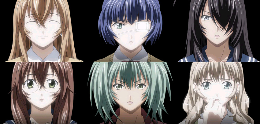 :o ^_^ ahoge bangs black_hair blue_eyes blue_hair bob_cut brown_hair close-up closed_eyes covering_mouth earrings everyone eyepatch face glasses green_eyes green_hair hand_over_own_mouth ikkitousen jewelry kan'u_unchou lineup long_hair magatama mole mole_under_mouth multiple_girls open_mouth orange_hair ryofu_housen ryomou_shimei ryuubi_gentoku school_uniform screencap serafuku short_hair short_twintails silver_hair simple_background smile sonken_chuubou sonsaku_hakufu surprised sweater_vest twintails