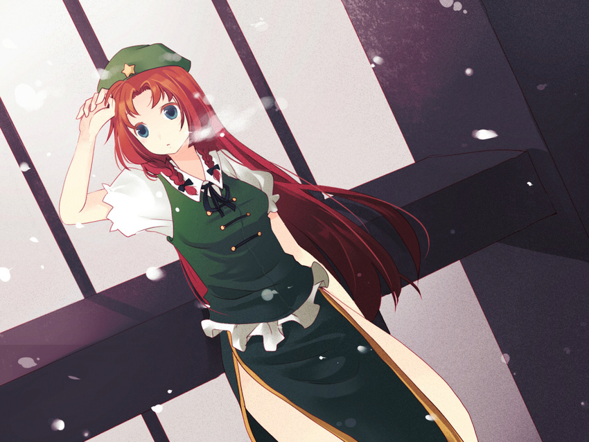 bad_id bad_pixiv_id blue_eyes braid breath chinese_clothes colored_eyelashes dutch_angle eyelashes hat hijiri_(resetter) hong_meiling long_hair red_hair ribbon short_sleeves side_slit snow solo touhou twin_braids winter