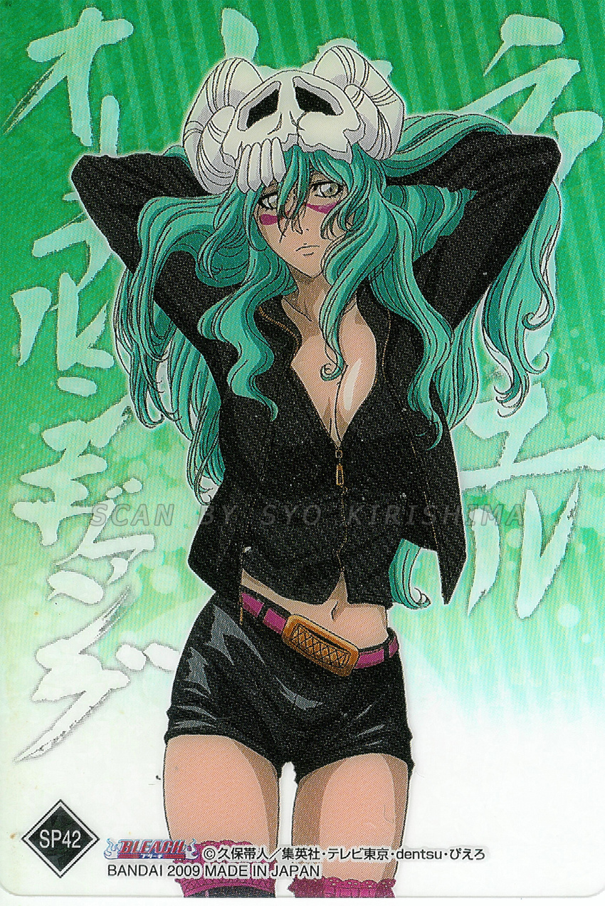 arrancar bleach casual contemporary facial_mark green_hair highres long_hair nelliel_tu_odelschwanck phonecard scan scan_artifacts skull solo watermark