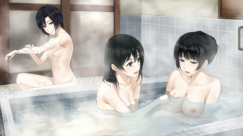 bath bathing black_hair blue_eyes breast_grab breast_hold breasts collarbone game_cg grabbing hair_up innocent_grey kara_no_shoujo_2 kayahara_yukiko kohane_torii large_breasts looking_at_another multiple_girls nipples nude open_mouth parted_lips partially_submerged shared_bathing short_hair small_breasts soap_bubbles sugina_miki tile_wall tiles tokisaka_yukari washing