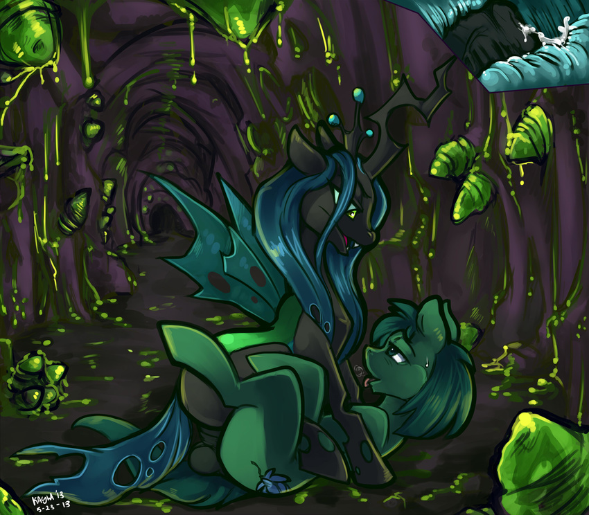 2013 balls cave changeling cowgirl_position cutie_mark duo equine female friendship_is_magic green_eyes green_fur green_hair hair horn horse kayla-na lying male my_little_pony on_back original_character pony queen_chrysalis_(mlp) sex signature straight suo wings