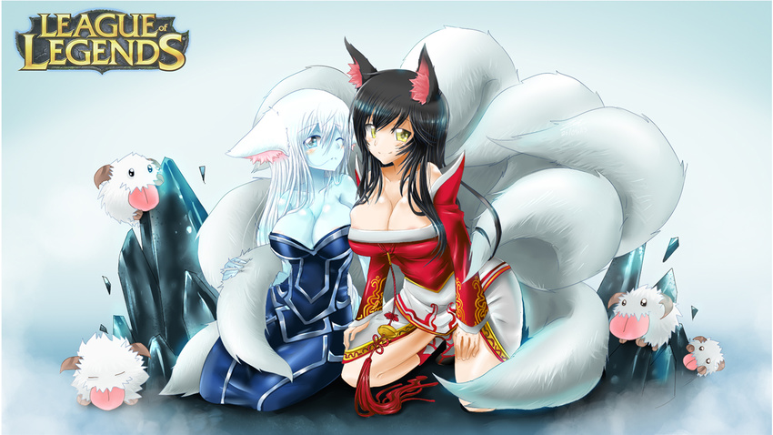 ahri animal_ears areolae bare_shoulders blue_eyes blue_skin breasts cleavage fox_ears fox_tail highres large_breasts league_of_legends lissandra long_hair multiple_girls multiple_tails poro_(league_of_legends) sollyz tail very_long_hair white_hair yellow_eyes
