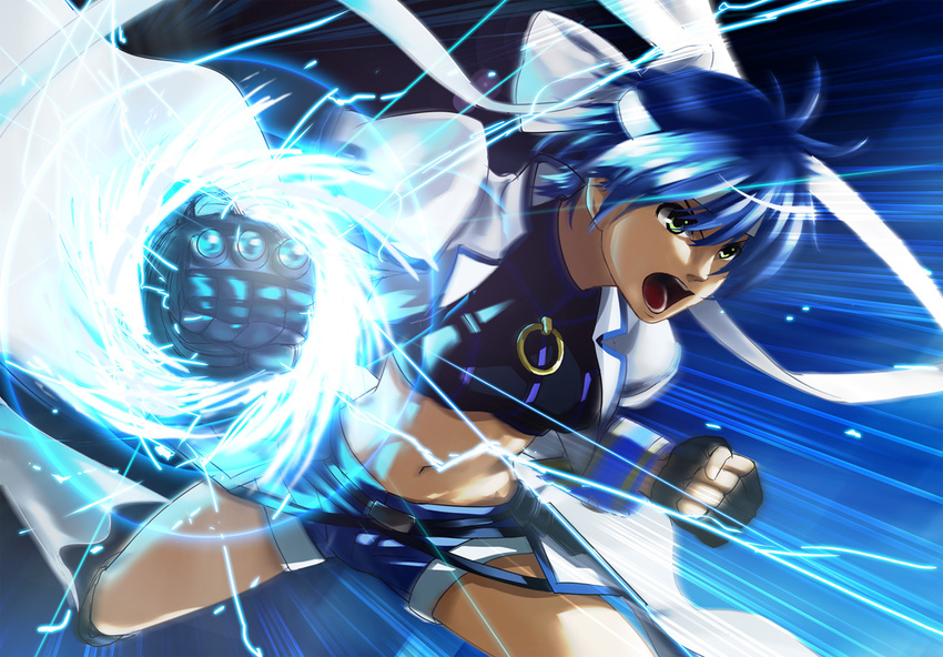 belt blue_hair chica_(moonflash09) fingerless_gloves gloves green_eyes hair_ribbon headband lyrical_nanoha mahou_shoujo_lyrical_nanoha_strikers midriff navel puffy_sleeves revolver_knuckle ribbon short_hair shorts solo subaru_nakajima teeth