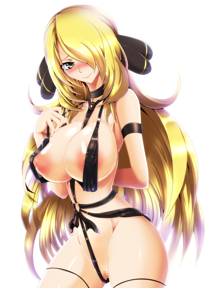 1girl absurdres areolae arm_behind_back bare_shoulders blonde_hair blue_eyes blush breasts censored choker hair_ornament hair_over_one_eye highres huge_breasts large_areolae lingerie long_hair looking_at_viewer navel nintendo nipples pokemon pokemon_(anime) pokemon_(game) pokemon_champion pokemon_dppt shirona_(pokemon) silver_eyes simple_background solo tony_man+ tonyman_plus underwear white_background