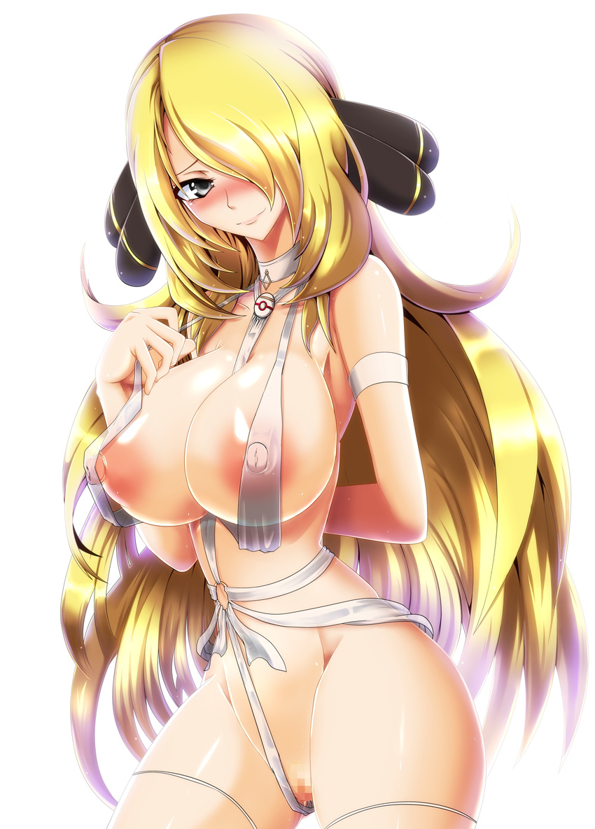 absurdres blonde_hair blue_eyes blush breasts censored hair_ornament hair_over_one_eye highres huge_breasts lingerie long_hair navel nipples pokemon pokemon_(anime) pokemon_(game) pokemon_champion pokemon_dppt shirona_(pokemon) simple_background tony_man+ tonyman_plus underwear white_background