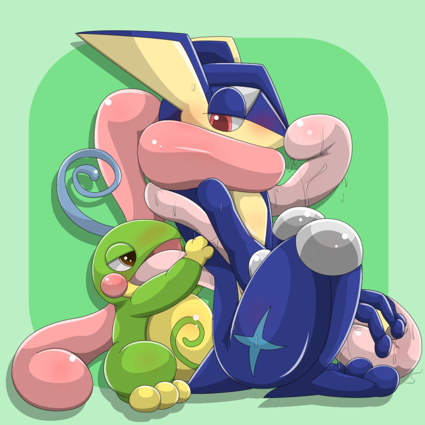 2014 anthro blush duo greninja hi_res long_tongue nintendo open_mouth pok&eacute;mon pok&eacute;mon_(species) politoed saliva sitting sweat tongue tongue_out type video_games