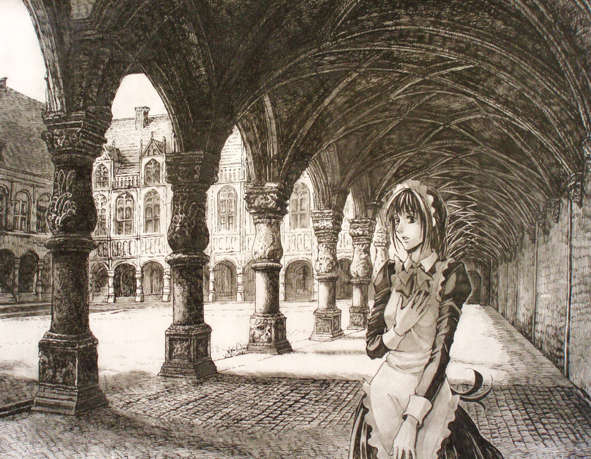 architecture bad_id bad_pixiv_id building column copyright_request gothic_architecture highres maid mita_mitauzo monochrome pillar sepia solo