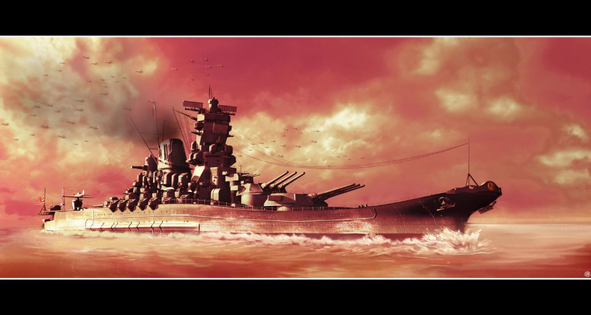 battleship boat cloud from_side imperial_japanese_navy letterboxed md5_mismatch military military_vehicle no_humans ocean original realistic resized scenery ship sky upscaled warship watercraft world_war_ii yamato_(battleship)