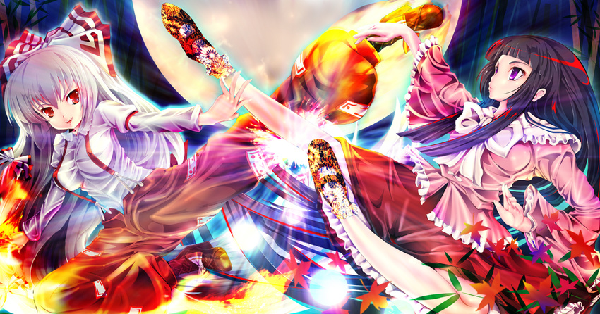 battle duel fujiwara_no_mokou hokuto_no_ken houraisan_kaguya kicking multiple_girls purple_eyes teruru touhou