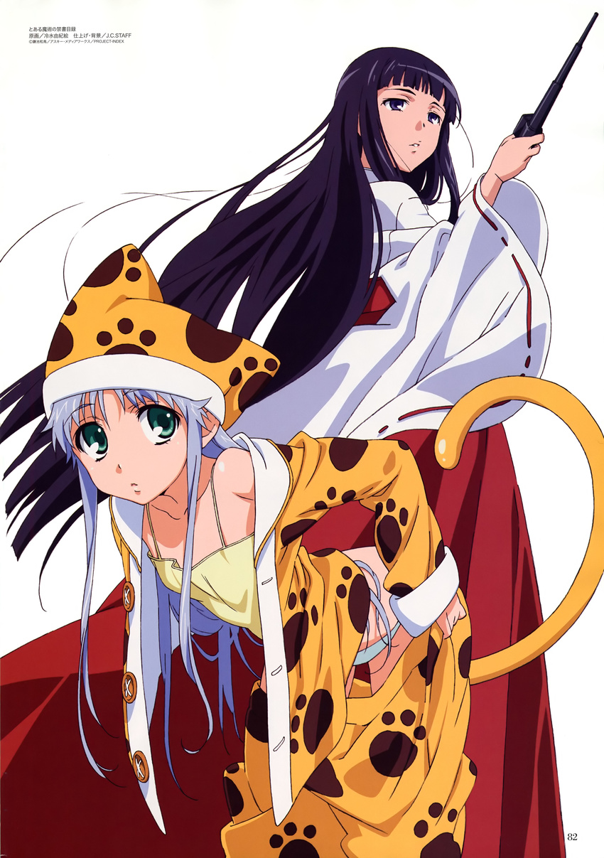 absurdres animal_costume animal_hat bangs bent_over black_hair blue_eyes blue_hair blue_panties blunt_bangs camisole cat_tail flat_chest green_eyes hat highres himegami_aisa hiyamizu_yukie index japanese_clothes long_hair looking_back miko multiple_girls off_shoulder official_art open_clothes open_shirt pajamas panties pants_pull paw_print pulled_by_self scan shirt standing tail to_aru_majutsu_no_index underwear undressing very_long_hair