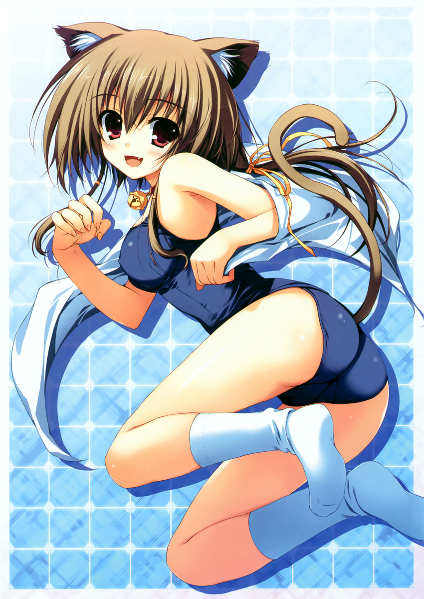 absurdres animal_ears brown_hair copyright_request feet highres one-piece_swimsuit red_eyes school_swimsuit socks solo swimsuit tail tomose_shunsaku