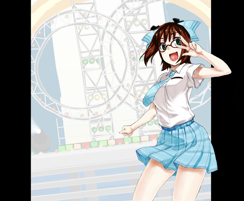 amami_haruka amusement_park bad_id bad_pixiv_id brown_hair green_eyes happy idolmaster idolmaster_(classic) idolmaster_live_for_you! kirisato_itsuki necktie rough_time_school school_uniform short_hair skirt solo v