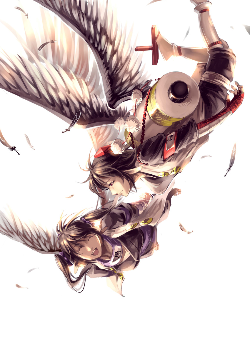 black_hair closed_eyes feathers flying gauntlets geta hair_ribbon hat hat_ribbon highres himekaidou_hatate long_hair multiple_girls open_mouth pants pointy_ears pom_pom_(clothes) red_eyes red_footwear ribbon ruukii_drift scroll shameimaru_aya shirt shoes short_hair simple_background smile tokin_hat touhou twintails upside-down white_background wings