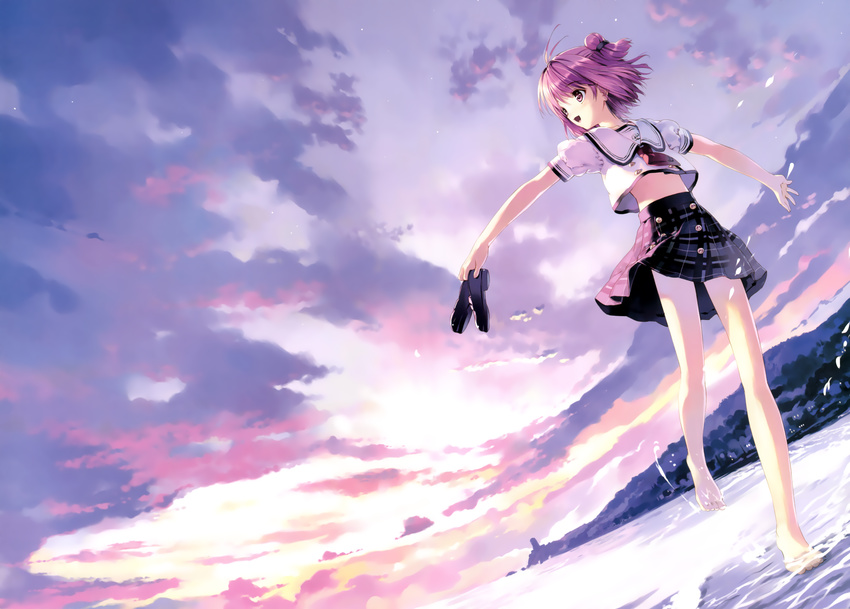 :d absurdres antenna_hair barefoot cloud double_bun dutch_angle highres hinata_yuuhi holding holding_shoes huge_filesize legs loafers midriff open_mouth outstretched_arms plaid plaid_skirt purple_eyes purple_hair school_uniform shallow_water shoes skirt sky smile solo soshite_ashita_no_sekai_yori splashing spread_arms sunset twilight ueda_ryou wading walking water