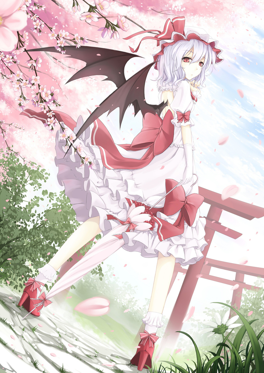 bat_wings blue_hair blue_sky cherry_blossoms closed_umbrella cloud cloudy.r dress elbow_gloves flower gloves hat hat_ribbon high_heels highres looking_at_viewer looking_back petals pink_eyes puffy_sleeves pumps red_eyes red_footwear remilia_scarlet ribbon sash shoes short_sleeves sky slit_pupils solo torii touhou tree umbrella white_dress white_gloves wings