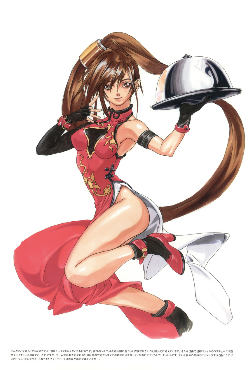 absurdres armlet artbook bare_shoulders beer_can breasts brown_eyes brown_hair can china_dress chinese_clothes dress fingerless_gloves gloves guilty_gear hair_ornament high_heels highres ishiwatari_daisuke kuradoberi_jam long_hair looking_at_viewer marker_(medium) medium_breasts mismatched_gloves official_art scan shoes side_slit socks solo traditional_media tray very_long_hair waitress