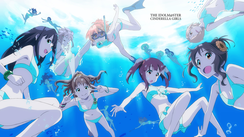 :t abe_nana air_bubble bikini black_hair bracelet breasts brown_hair bubble cleavage closed_eyes collarbone derivative_work diving_mask diving_mask_on_eyes earrings fish freediving goggles green_eyes hair_ornament heart highres hino_akane_(idolmaster) idolmaster idolmaster_cinderella_girls jewelry jougasaki_rika koshimizu_sachiko long_hair male_swimwear medium_breasts mizuki_seira moroboshi_kirari multiple_girls navel nitta_minami nyazui ogata_chieri open_mouth orange_eyes parody pink_hair polearm ponytail producer_(idolmaster) red_hair shibuya_rin shirasaka_koume short_hair silver_hair small_breasts snorkel snorkel_in_mouth swim_trunks swimming swimsuit swimwear takamori_aiko trident twintails underwater v very_long_hair weapon wristband yellow_eyes