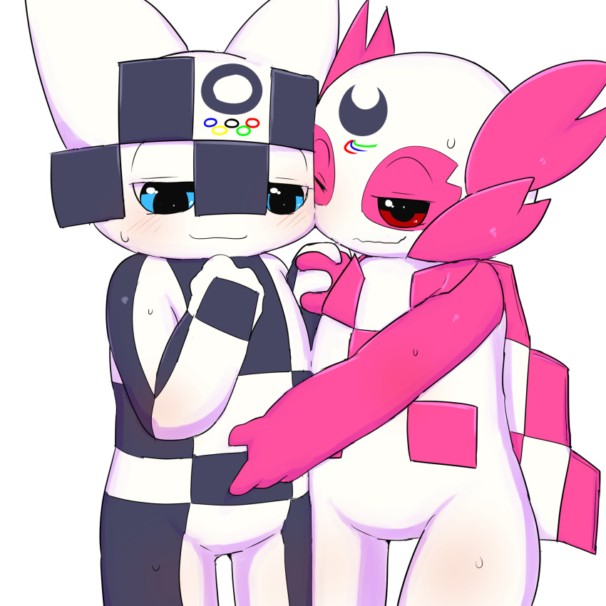 2018 2020_tokyo_olympic ambiguous/ambiguous ambiguous_gender anthro anthro_on_anthro blush duo featureless_crotch hi_res mammal miraitowa olympics simple_background someity sweat unknown_species みぜる