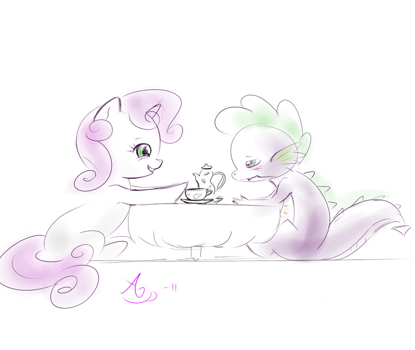 a6p cub cute dragon duo equine female feral friendship_is_magic green_eyes hair horn horse male mammal my_little_pony plain_background pony scalie signature sitting spike_(mlp) sweetie_belle_(mlp) table tea two_tone_hair unicorn white_background young