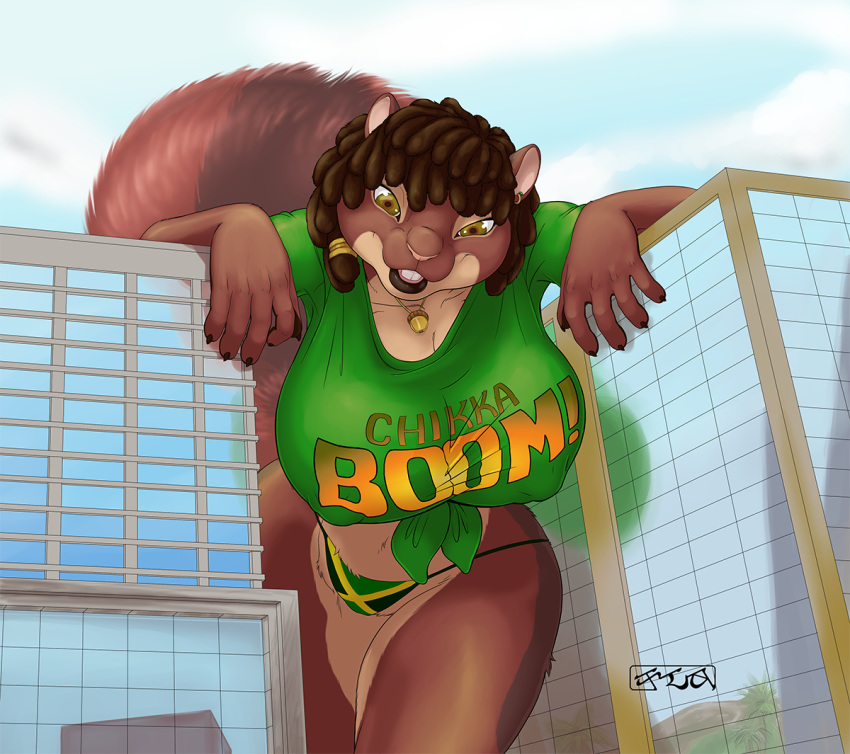 acorn amber_eyes anthro big_breasts breasts brown_fur brown_hair buckteeth building city claws clothing crop_top detailed_background digital_media_(artwork) dreadlocks english_text female fluffy fluffy_tail fur hair huge_breasts jamaican jamaican_flag jewelry kencougr looking_at_viewer macro mammal midriff multicolored_fur necklace nipple_bulge nut rochelle_(rochelle) rodent shirt short_hair smile solo squirrel teeth text thick_thighs thong voluptuous wide_hips