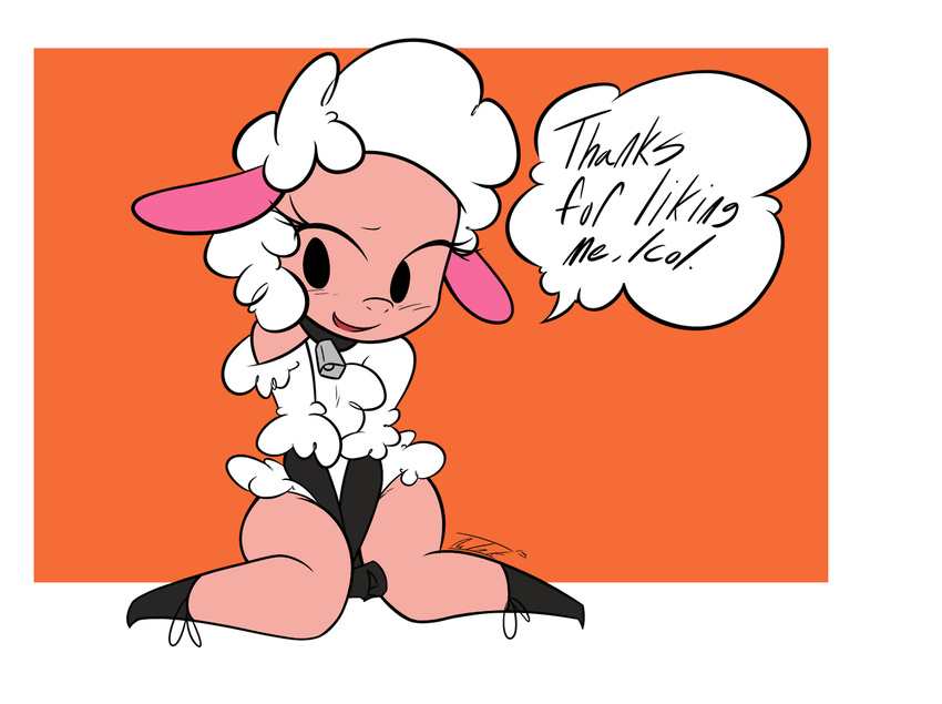 blush caprine collar droopy embarrased embarrassed english_text esolo female fur leggy_lamb mammal no-ink sheep sheep_wrecked simple_background sitting smile text text_cloud white_fur