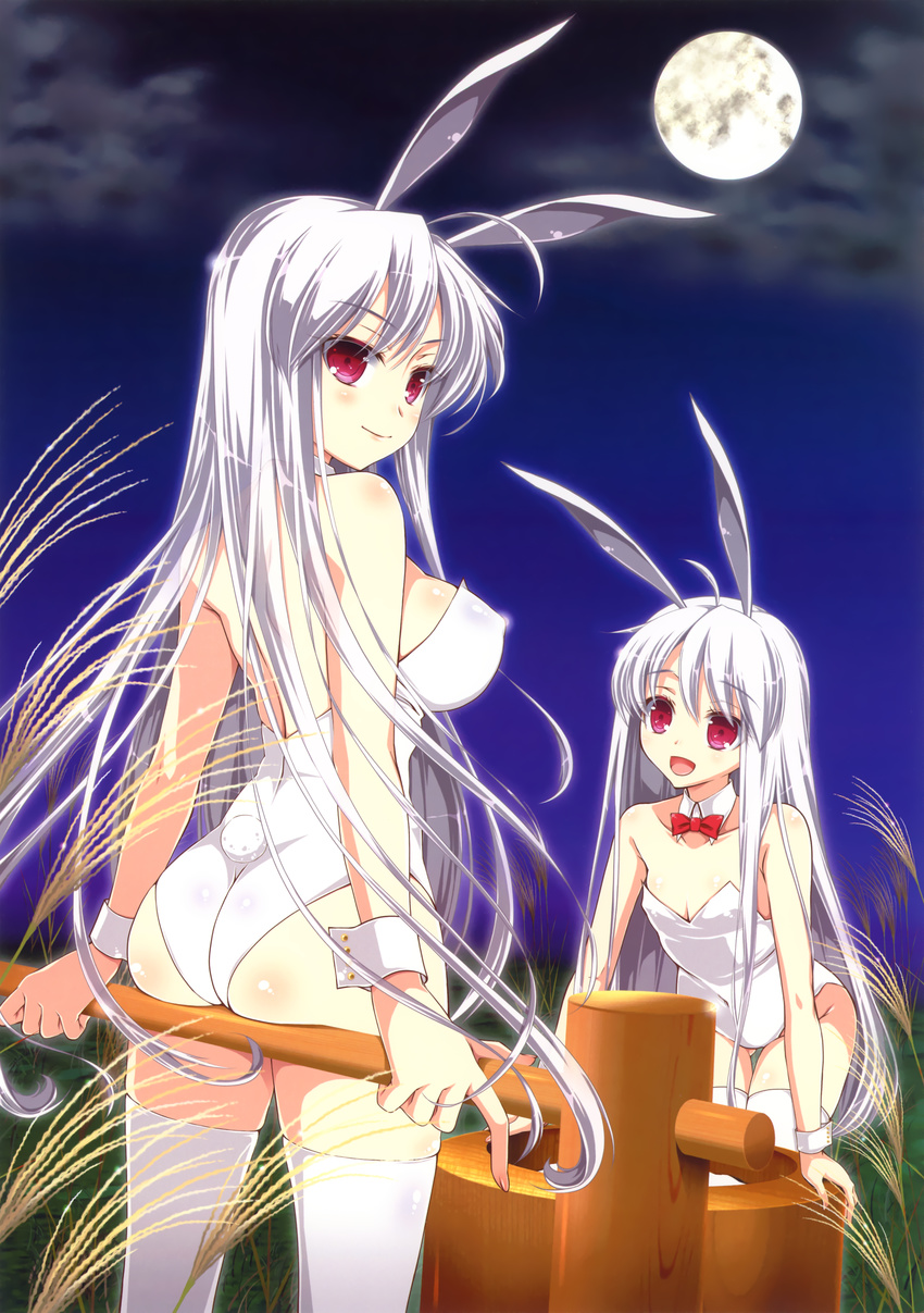 :d absurdres animal_ears arm_support ass bare_shoulders blush body_blush bow bowtie breasts bunny_ears bunny_tail bunnysuit closed_eyes cloud collarbone covered_nipples detached_collar full_moon highres huge_filesize large_breasts leaning_forward long_hair looking_at_another mallet moon multiple_girls night open_mouth original outdoors red_bow red_eyes red_neckwear sasahiro scan silver_hair small_breasts smile standing tail thighhighs very_long_hair wheat white_legwear wrist_cuffs