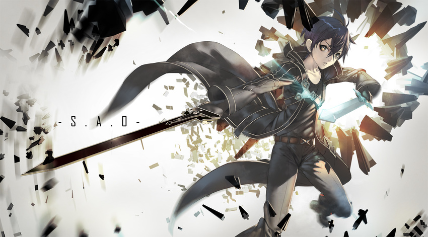 bad_id bad_pixiv_id banned_artist black_eyes black_hair bottle fingerless_gloves gloves highres kirito male_focus sumiobunnya sword sword_art_online weapon