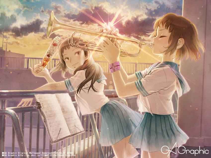 gagraphic instrument multiple_girls music_stand na2 railing rooftop school_uniform serafuku trumpet wallpaper