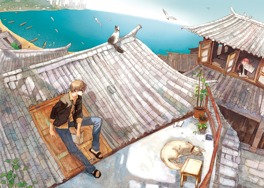1girl bird book brown_hair cat dog glasses ocean original pink_hair plant potted_plant rooftop seagull selina short_hair twintails window