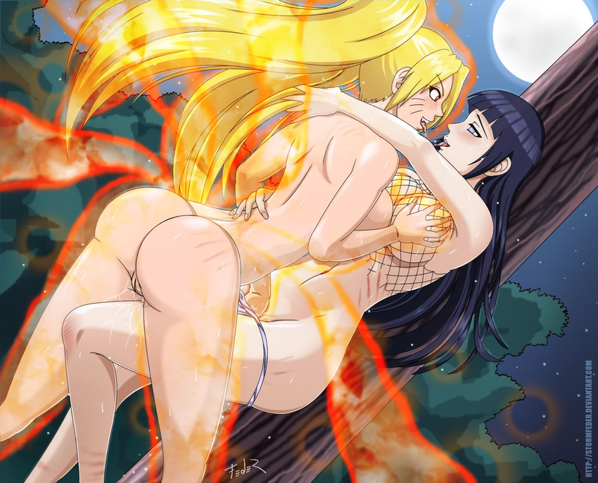 2girls artist_name ass blush breast_grab breasts grabbing hinata_hyuuga hyuuga_hinata kyuubi long_hair multiple_girls naruko naruto naruto_uzumaki nude outdoors pussy rule_63 stormfeder tail uncensored watermark yuri