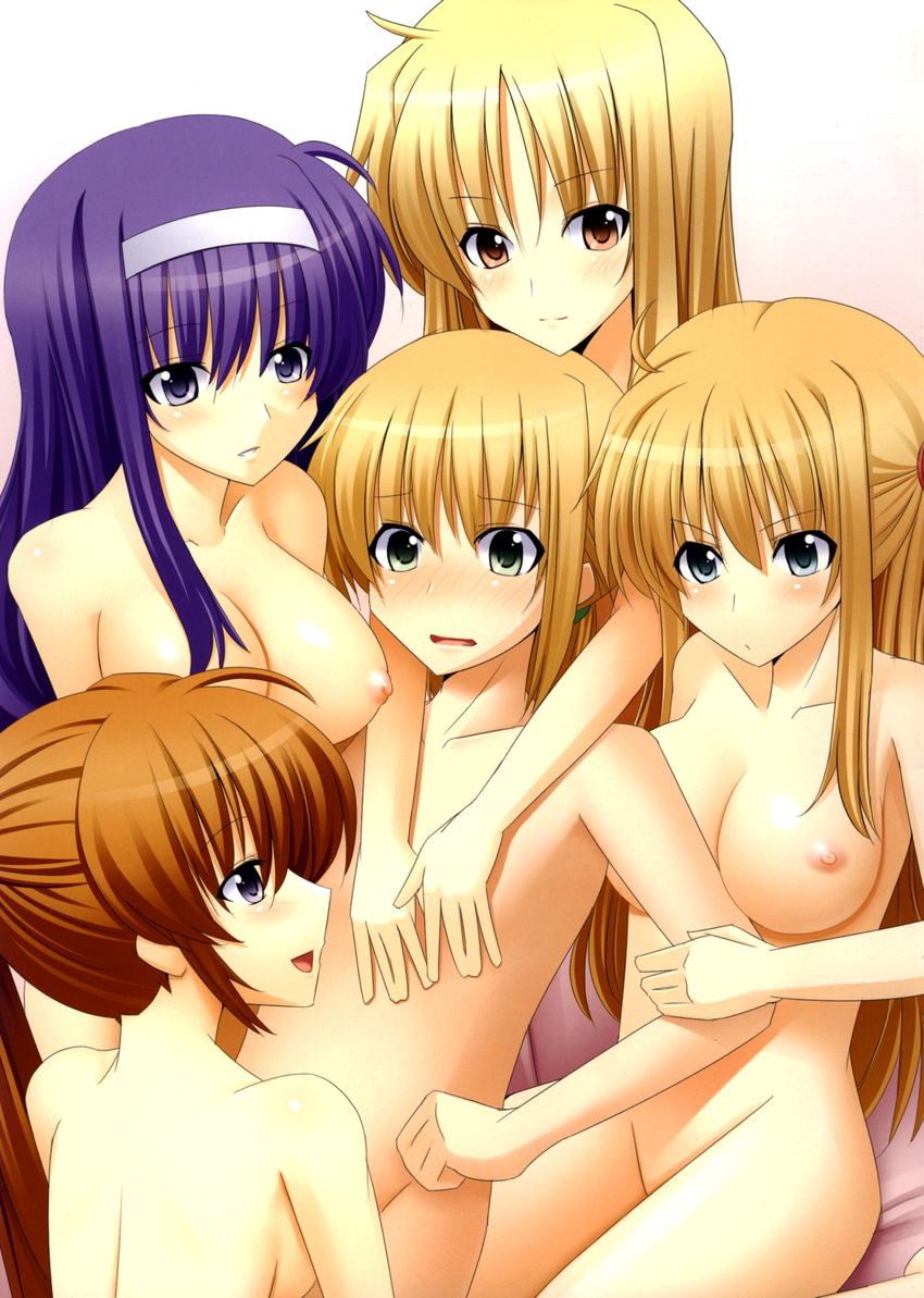 1boy 4girls alisa_bannings blonde_hair fate_testarossa girl_sandwich lyrical_nanoha mahou_shoujo_lyrical_nanoha mahou_shoujo_lyrical_nanoha_a's mahou_shoujo_lyrical_nanoha_a's multiple_girls nanoha_takamachi pimp sandwiched suzuka_tsukimura takamachi_nanoha yuuno_scrya