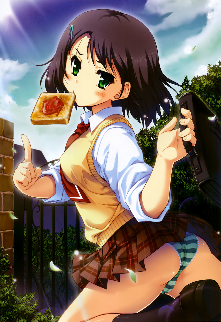 absurdres ass blush briefcase brown_hair cloud copyright_request day food food_in_mouth green_eyes hair_ornament hairclip highres jam late_for_school leaf mouth_hold necktie panties plaid plaid_skirt pleated_skirt school_uniform short_hair skirt sky solo striped striped_panties toast toast_in_mouth tougarashi_hideyu underwear vest