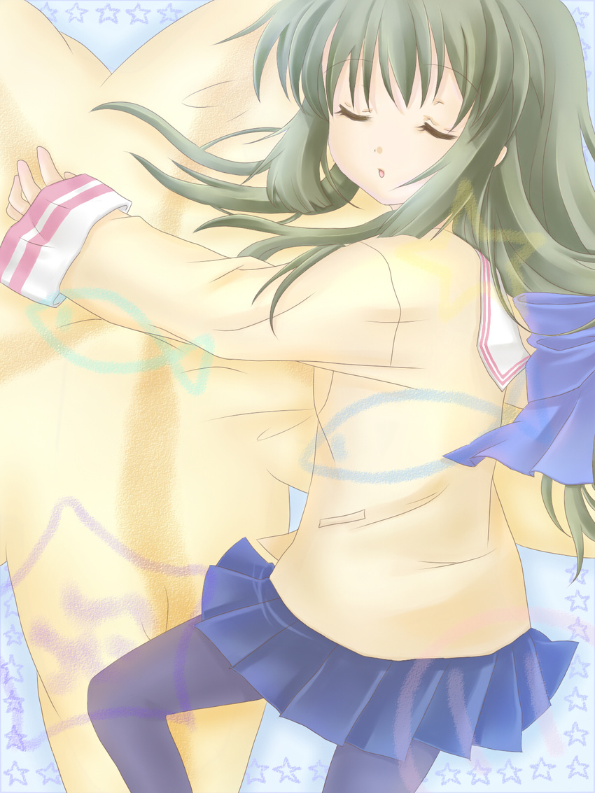 clannad closed_eyes green_hair highres hikarizaka_private_high_school_uniform ibuki_fuuko long_hair pantyhose pillow school_uniform sleeping solo starfish yoizome_wine