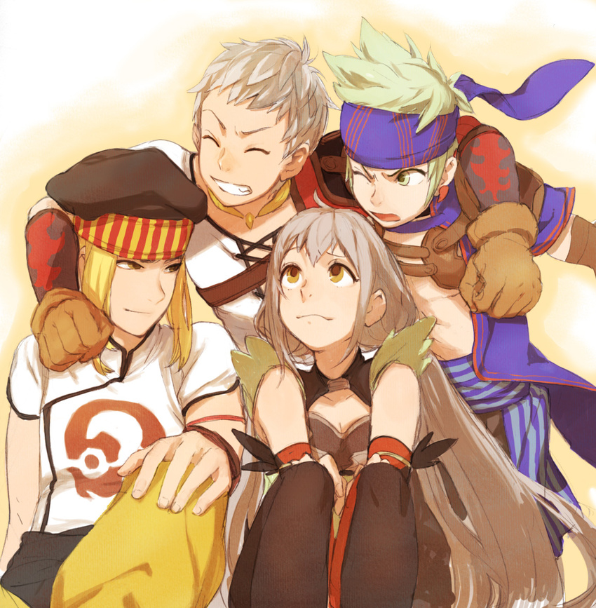 3boys blonde_hair gensou_suikoden gensou_suikoden_tierkreis green_hair grey_hair headband hero_(suikoden_tierkreis) hug jale liu-shen marica_(suikoden_tierkreis) mitosa multiple_boys