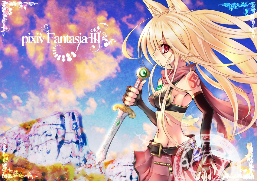 animal_ears bad_id bad_pixiv_id blonde_hair dagger elbow_gloves gloves highres kujou_ichiso long_hair navel pixiv_fantasia pixiv_fantasia_3 red_eyes runes skirt sky solo tattoo weapon