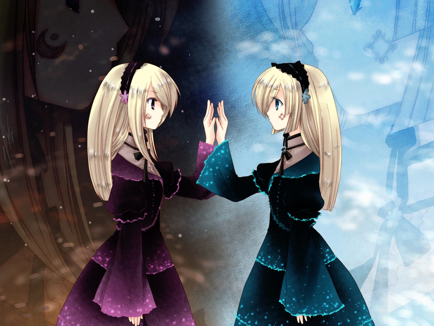 blonde_hair blue_eyes facial_mark gothic_lolita hairband hands_together highres hortense kokono_coco lolita_fashion long_hair multiple_girls purple_eyes roman siblings sound_horizon symmetry twins violette wallpaper zoom_layer