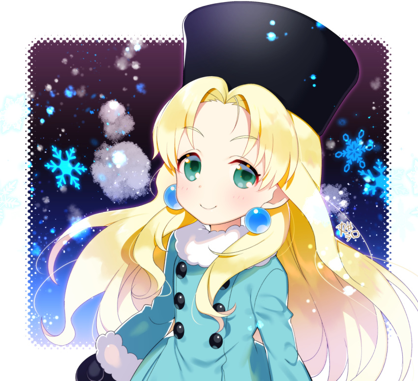 1girl akemaru bangs blonde_hair blue_coat blush buttons coat earrings eyebrows_visible_through_hair fur_hat green_eyes hat jewelry kalinka_cossack long_hair long_sleeves looking_at_viewer rockman rockman_(classic) smile snowflakes solo ushanka